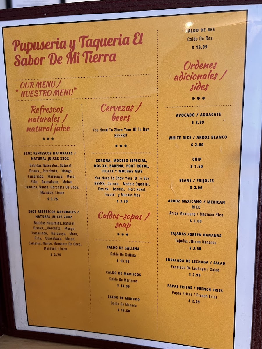 Menu Pupuseria Y Taqueria El Sabor De Mi Tierra-2
