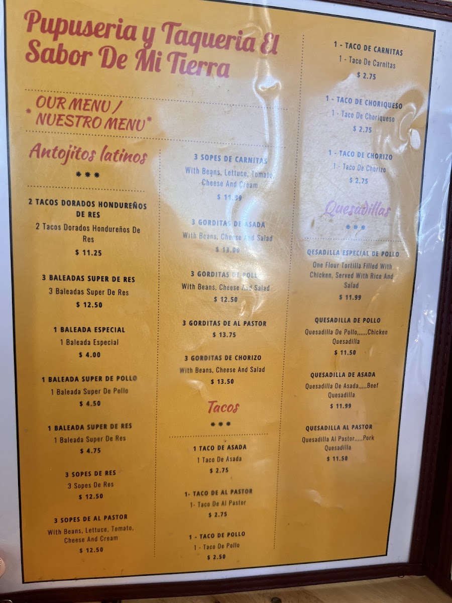Menu Pupuseria Y Taqueria El Sabor De Mi Tierra-7